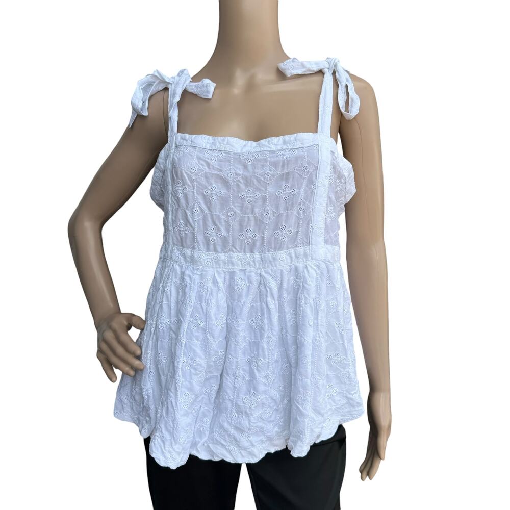 New Old Navy Women White Embroidered Tie Shoulder Square Neck Swing Blouse L
